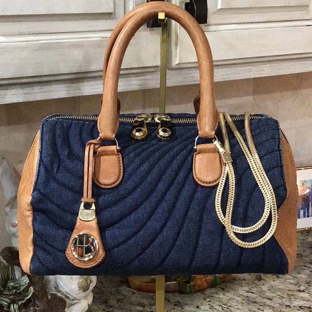henri bendel Denim Leather Top Handle Satchel Duffle Handbag